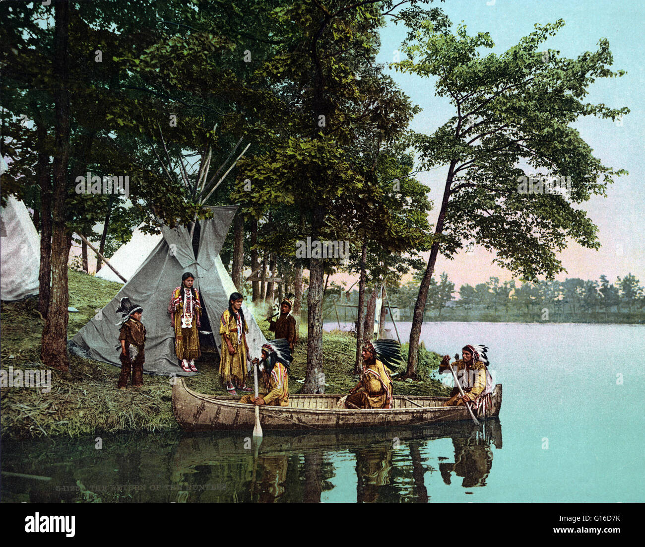 Entitled: 'Return of the hunters' created by the Detroit Publishing Company, 1904. There were four basic ways for people in ancient societies to find food: hunting and fishing, gathering, farming, and raising domesticated animals. Native Americans did all Stock Photo