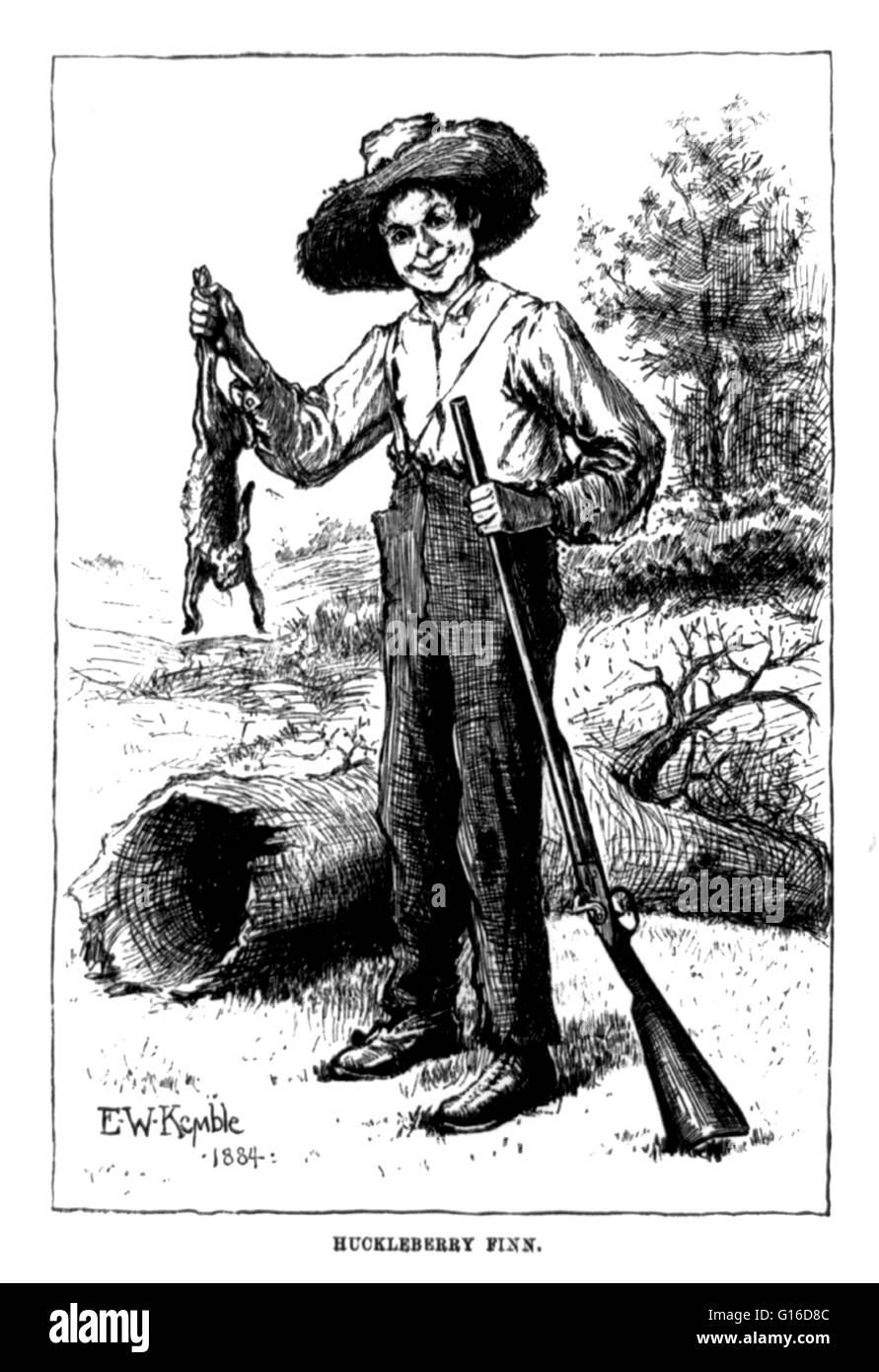 Illustration of Huckleberry Finn, holding gun and rabbit by Edward Windsor Kemble, 1884. Adventures of Huckleberry Finn is a novel by Mark Twain, first published in the United Kingdom in December 1884 and in the United States in February 1885. Commonly na Stock Photo