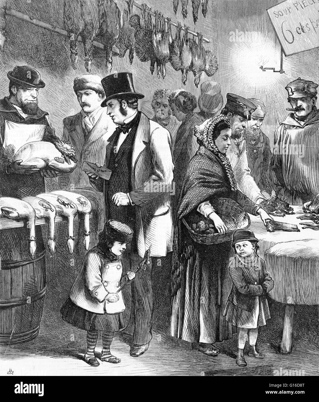 Entitled: 'New York City, rich and poor; or, the two Christmas dinners, a scene in Washington Market, sketched from real life.' Engraving of rich family and poor family buying Christmas dinners. Christmas dinner is the primary meal traditionally eaten on Stock Photo