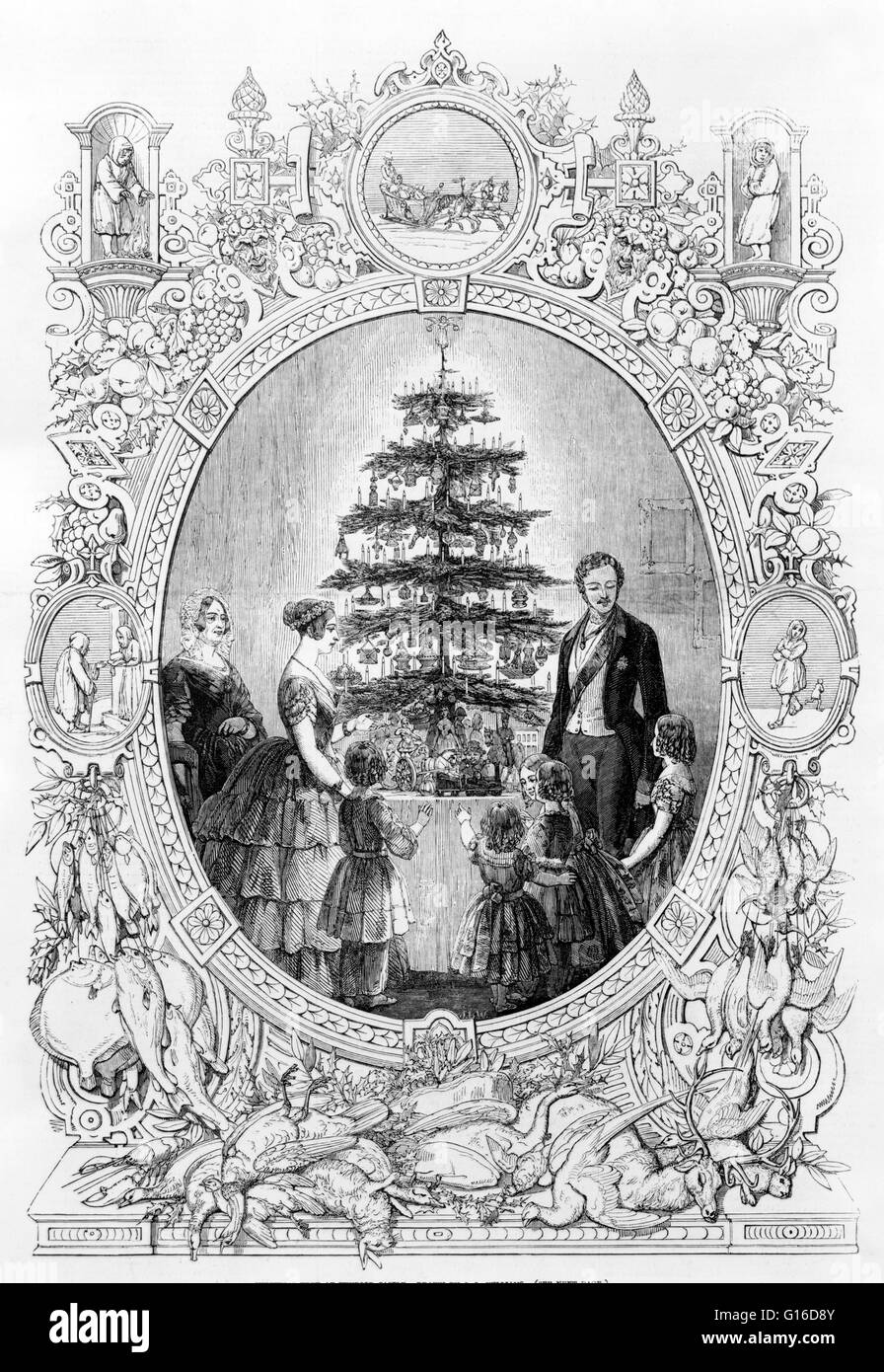 Entitled: 'Christmas tree at Windsor Castle' engraving of the royal family around Christmas tree, depicted in an oval with border showing winter scenes and the fruits and animals of a bountiful harvest. A Christmas tree is a decorated tree, usually an eve Stock Photo