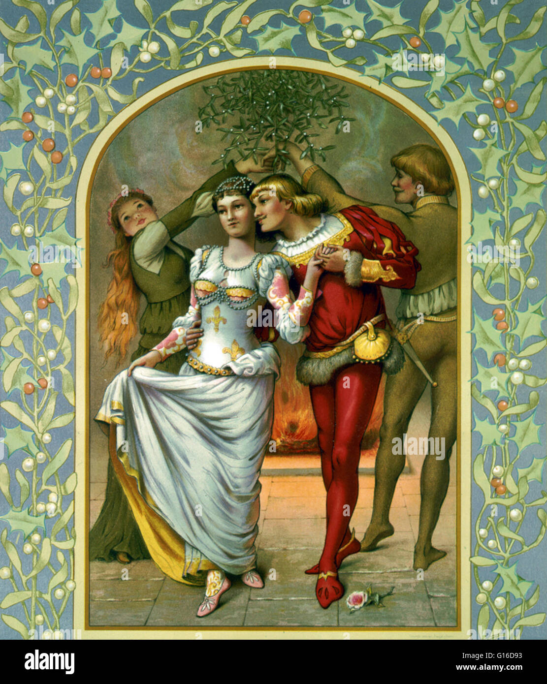 Entitled: 'Prang's Christmas card' chromolithograph showing couples in medieval(?) costumes under mistletoe. The tradition of hanging mistletoe in the house goes back to the times of the ancient Druids. It is supposed to possess mystical powers which brin Stock Photo