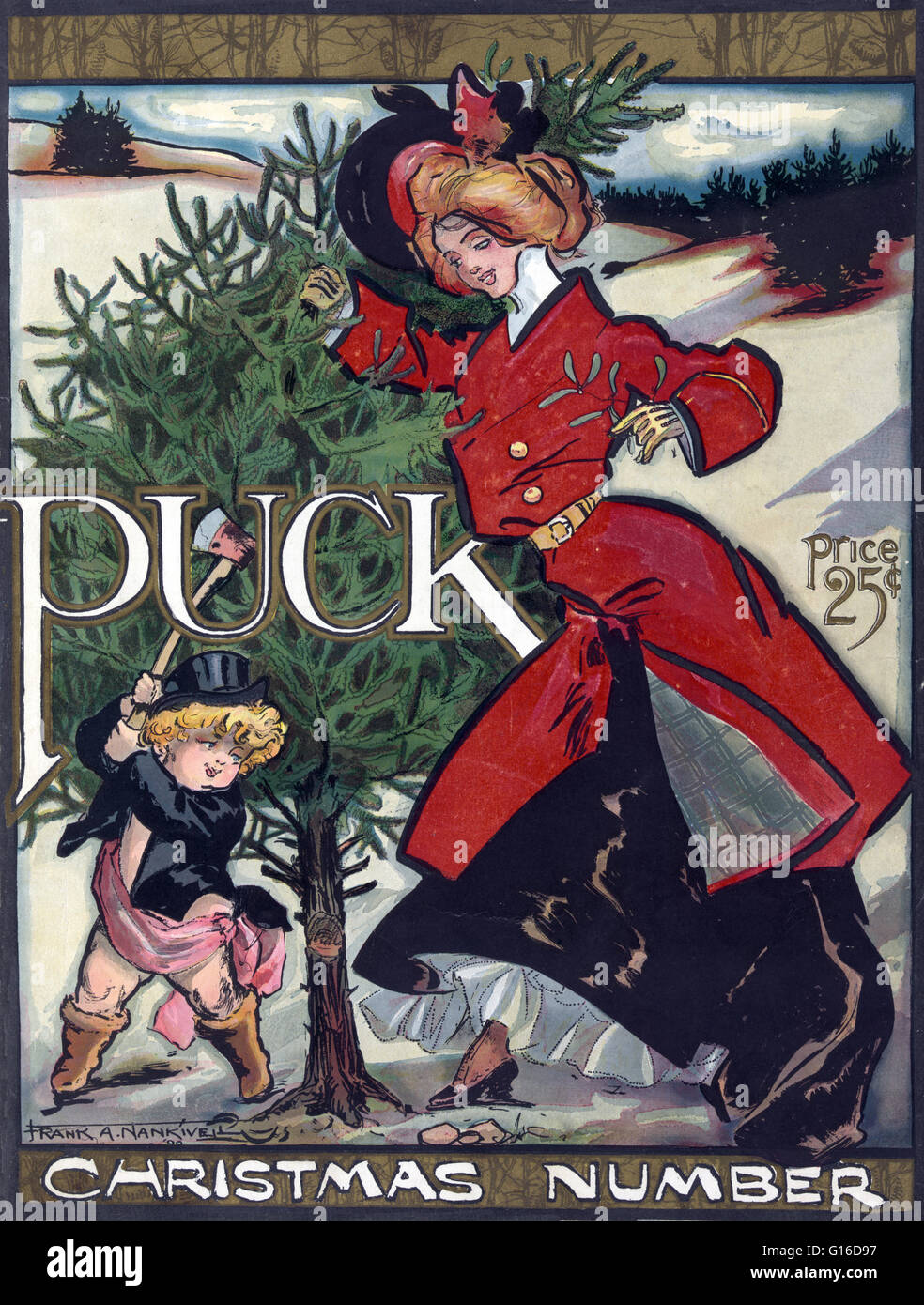Entitled: 'Christmas number, 1900' chromolithograph showing a fashionably dressed young woman holding onto a Christmas tree as Puck chops it down with an axe. Puck was America's first successful humor magazine of colorful cartoons, caricatures and politic Stock Photo