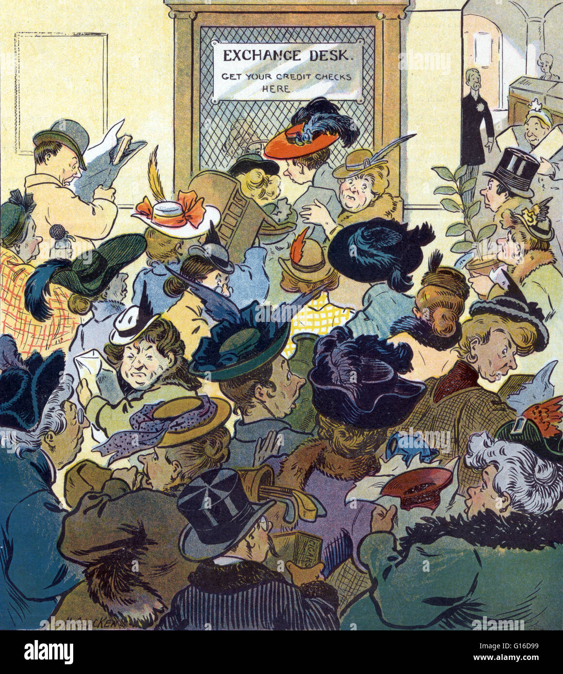Entitled: 'The day after' chromolithograph showing a large crowd of people in front of the 'Exchange Desk', bearing Christmas gifts which they wish to exchange. Puck was America's first successful humor magazine of colorful cartoons, caricatures and polit Stock Photo