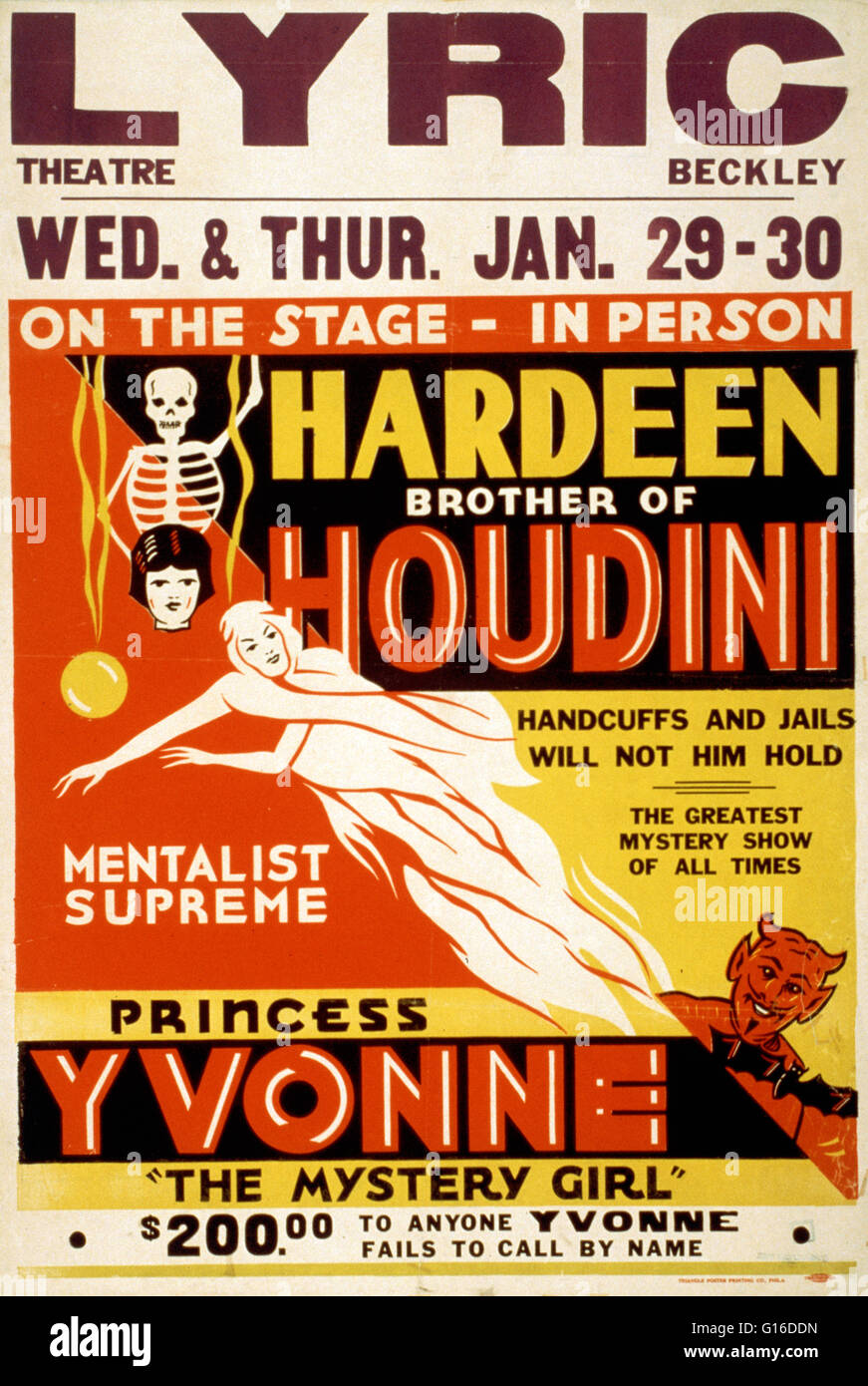 Entitled: 'On the stage - in person, Hardeen, brother of Houdini handcuffs and jails will not hold him : the greatest mystery show of all times. Mentalist supreme, Princess Yvonne, the mystery girl' lithograph poster created by Traingle Poster Printing Co Stock Photo