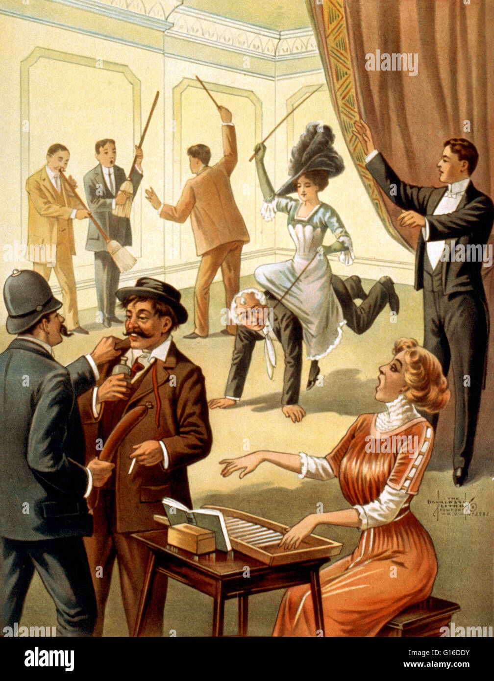 Entitled: 'Hypnotist directing group of people to do unusual activities: woman playing washboard, woman riding man, men using brooms as musical instruments, policeman using sausage as weapon' created by the Donaldson Lithographing Company (undated). Stage Stock Photo