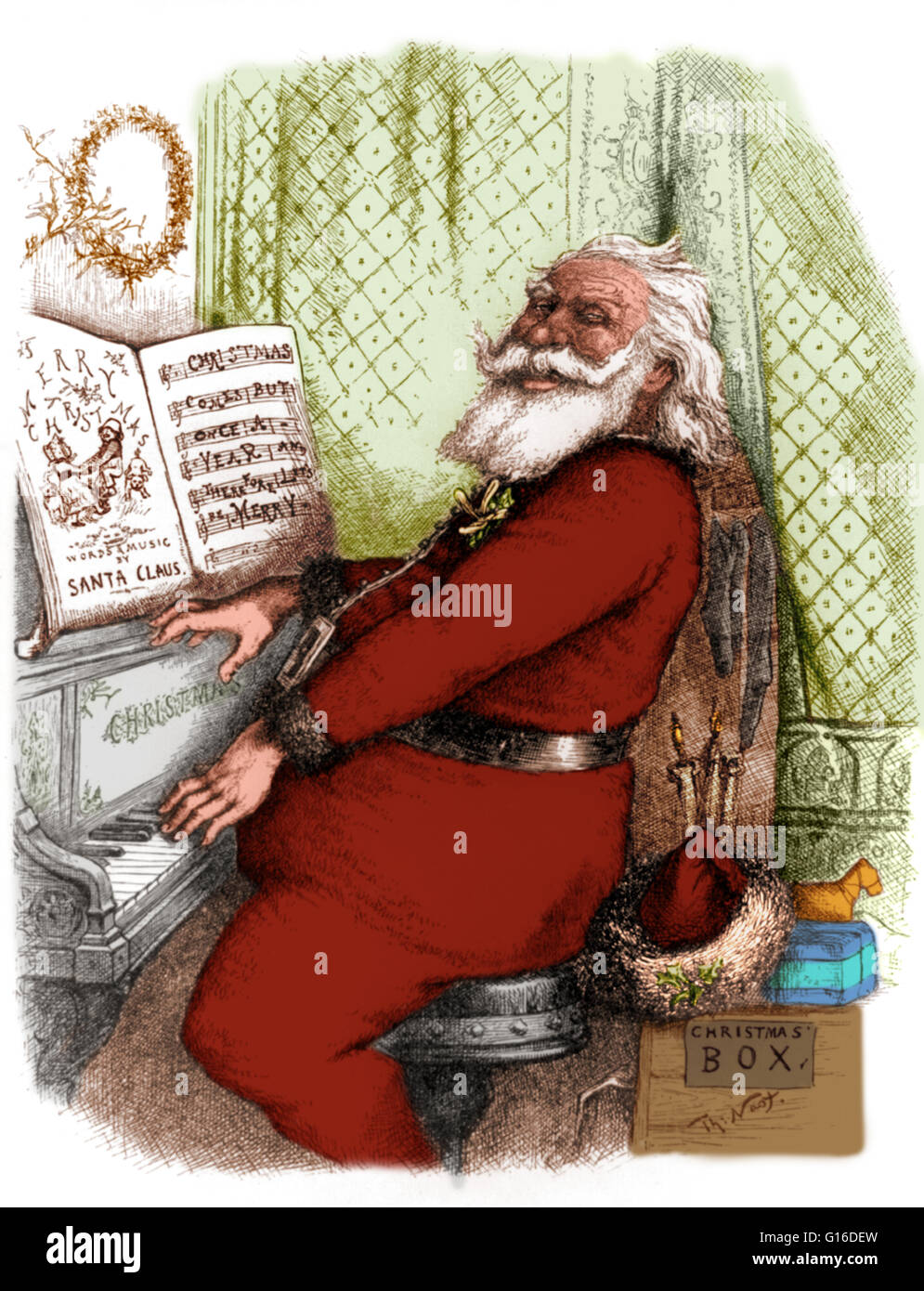 Entitled: 'For he's a jolly good fellow, so say we all of us' engraving of Santa Claus playing the piano. Santa Claus, also known as Saint Nicholas, Father Christmas, Kris Kringle and simply Santa, is a figure with legendary, historical and folkloric orig Stock Photo