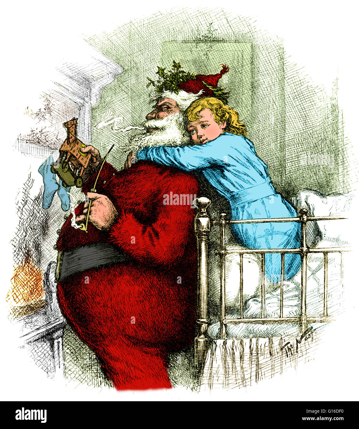 Entitled: 'Caught!' engraving of girl in bed with arms around the neck of Santa Claus, who is holding a toy. Santa Claus, also known as Saint Nicholas, Father Christmas, Kris Kringle and simply Santa, is a figure with legendary, historical and folkloric o Stock Photo
