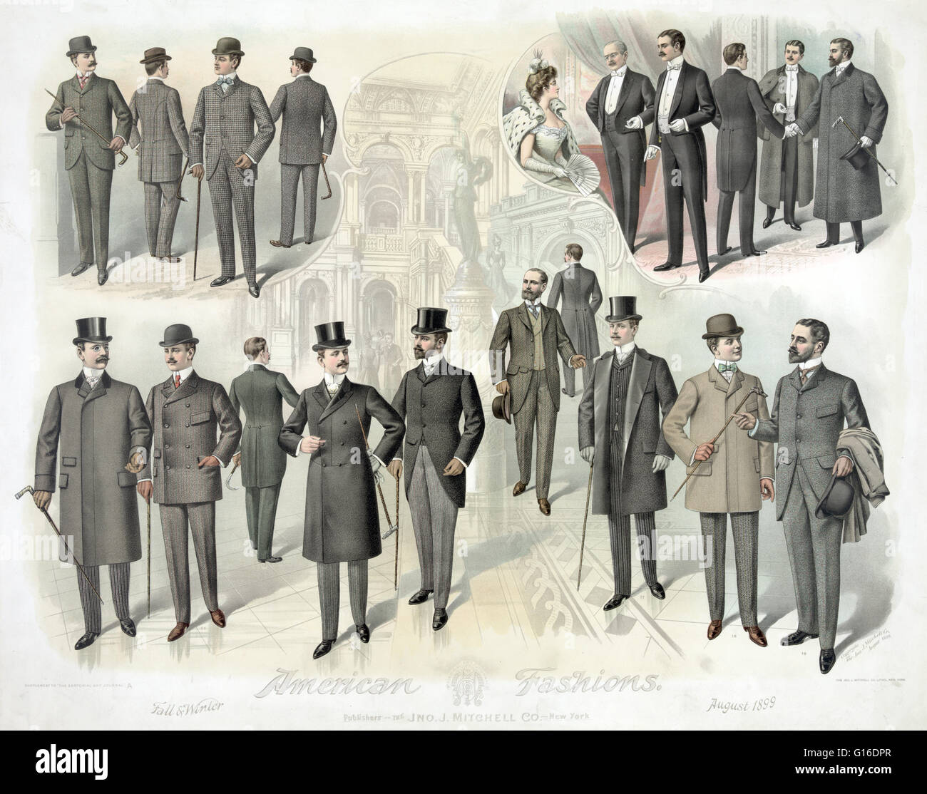 Men posed wearing fall and winter business and theater fashions with overcoats and hats, against a backdrop of an interior view of the recently opened Library of Congress Thomas Jefferson Building Fashion is a popular style or practice, especially in clot Stock Photo