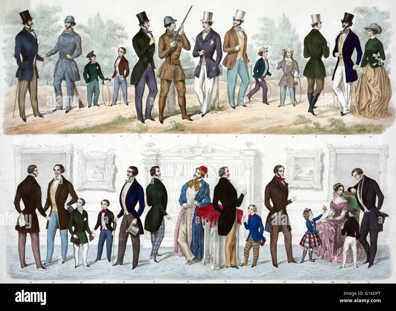 Print shows in two horizontal panels, at top, eight men, a woman, and four children standing outdoors along a dirt roadway, two of the men are dressed for hunting and carry rifles, and at bottom, eight men and five children are standing, and one woman is Stock Photo
