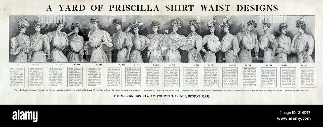 A 1906 advertisement for sewing patterns by The Modern Priscilla, a needlework magazine, showing 16 different designs for shirtwaists, with details about patterns and materials. Waist was a common term for the bodice of a dress or for a blouse or woman's Stock Photo