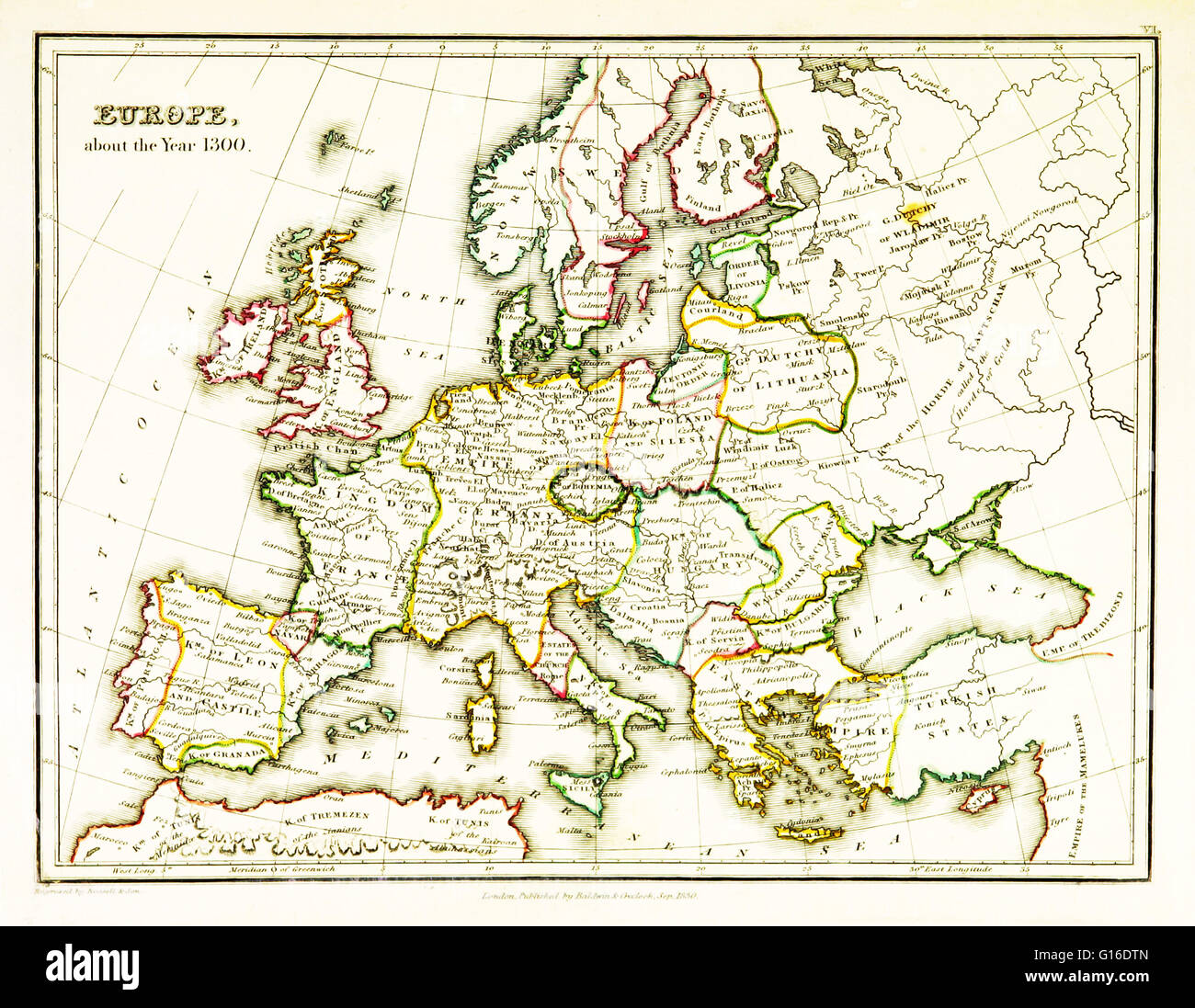 A map of Europe, showing territorial borders existing in the 14th century, specifically 1300. Map published in 1831. Stock Photo