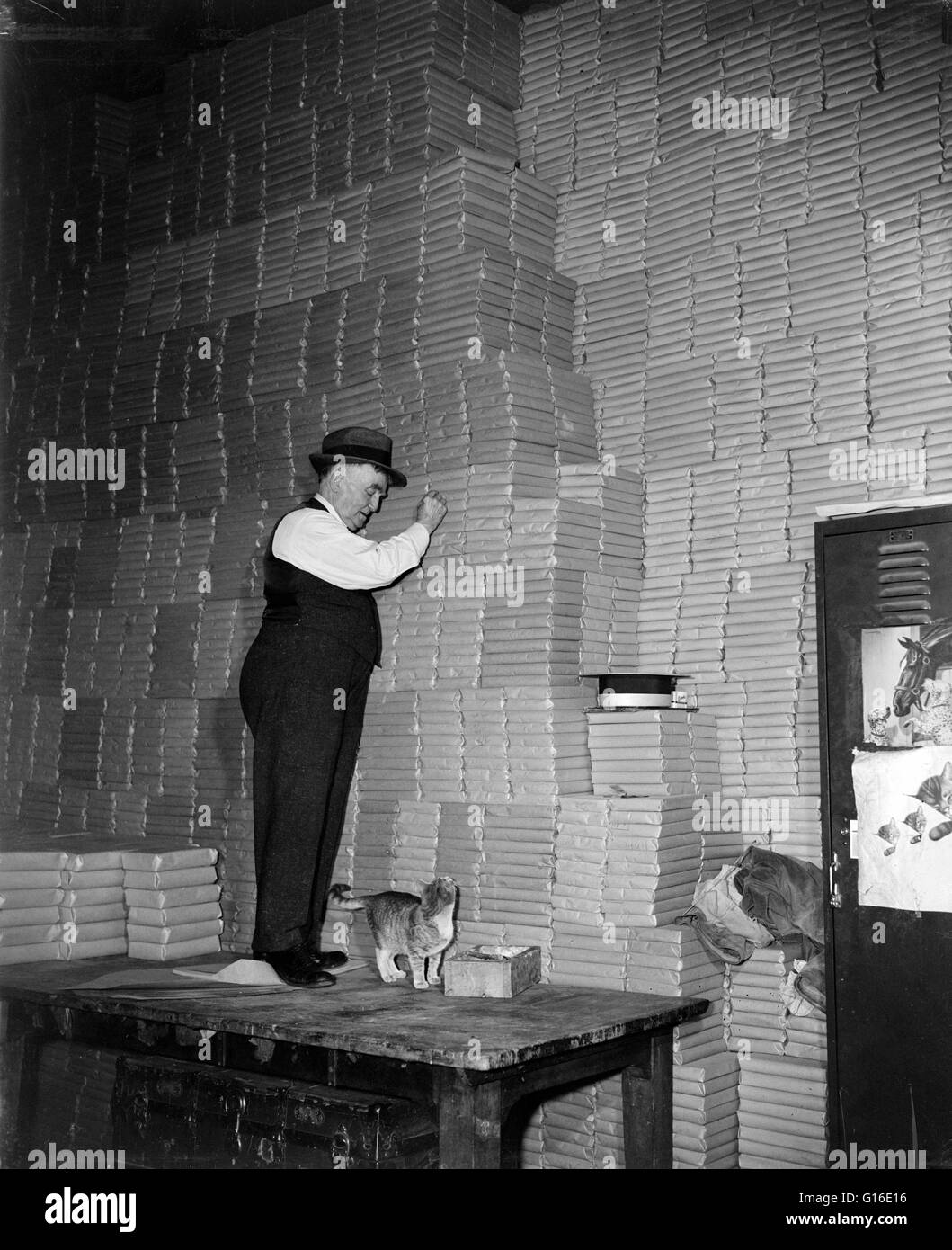 Entitled: 'Watchdog of senate folding room has 'crop control' of own. Washington, D.C. Since 1900 John W. 'Happy' Deards has been foreman of the Senate folding room which carries with it the responsibility of guarding thousands of volumes of Senate record Stock Photo