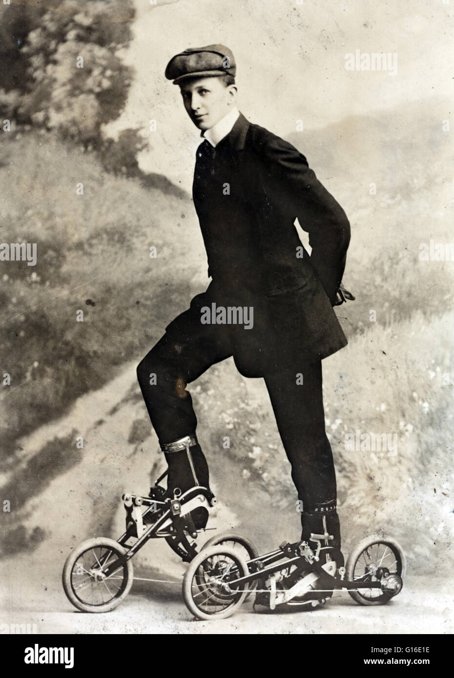 Entitled: 'Roller skating' shows a young man on miniature, two-wheeled bicycle-like roller skates that are pedaled. Takypod is a machine is driven by pedaling, but unlike a bicycle, the rider sits on, takypoden are attached at the feet. The inventor was E Stock Photo