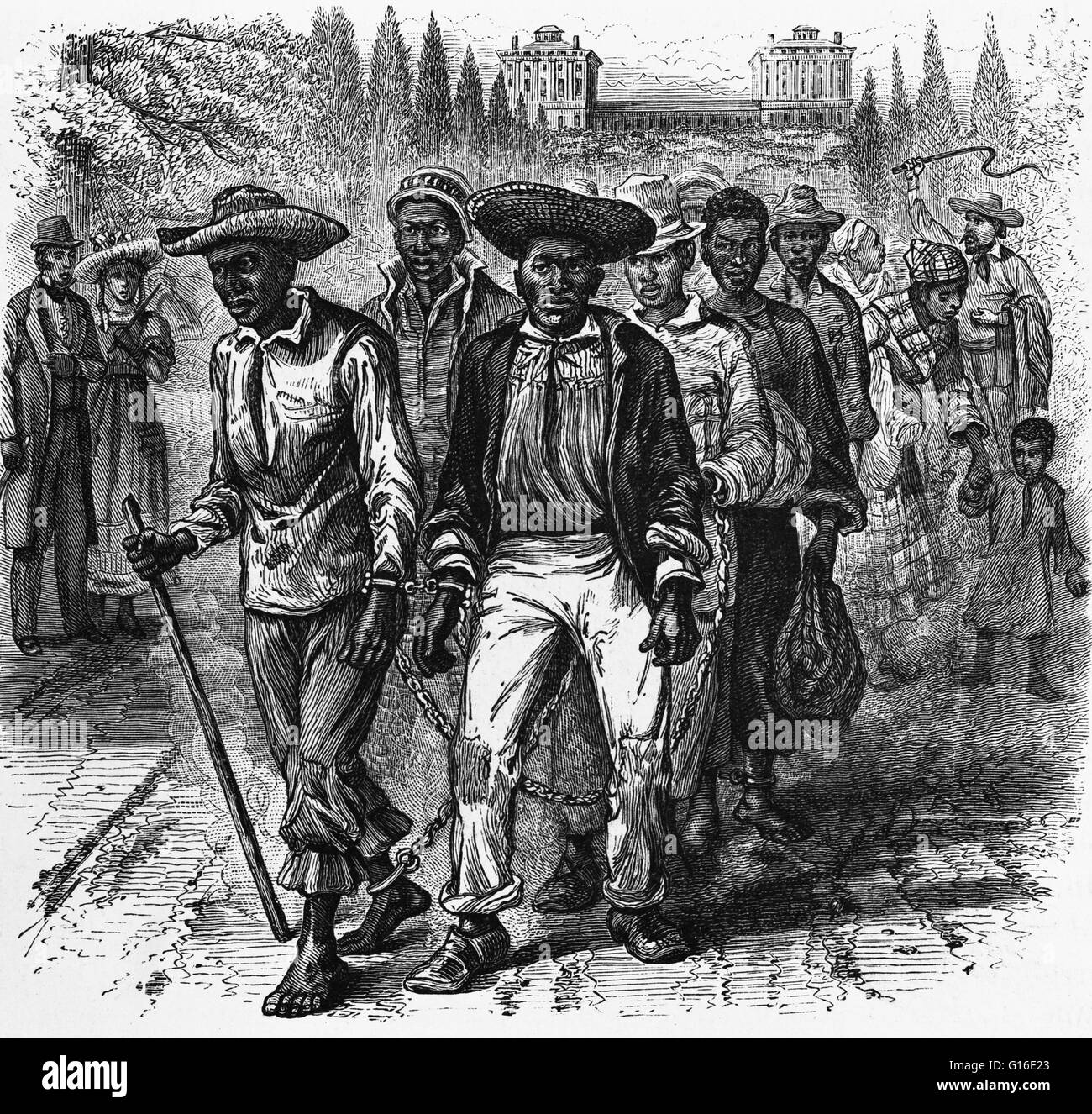 Entitled "A slavecoffle passing the Capitol" engraving showing slaves wearing handcuffs and