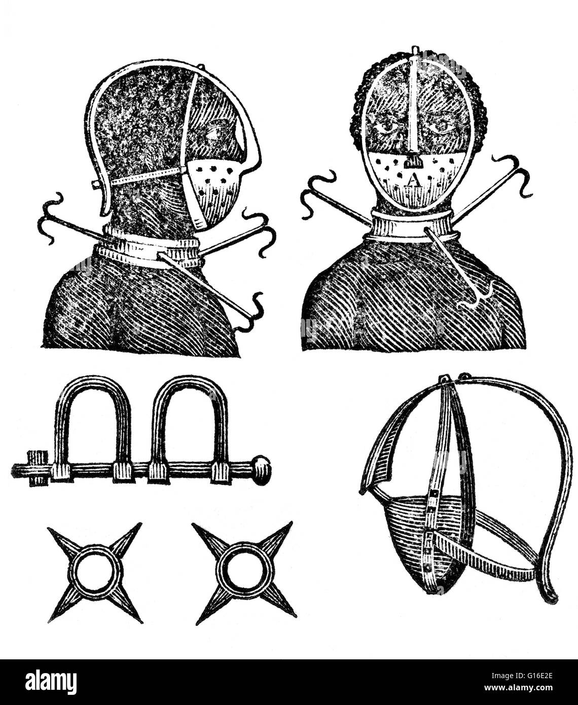 Entitled: 'Iron mask, collar, leg shackles and spurs used to restrict slaves.' The Atlantic slave trade took place across the Atlantic Ocean from the 16th through to the 19th centuries. The majority of those enslaved that were transported to the New World Stock Photo