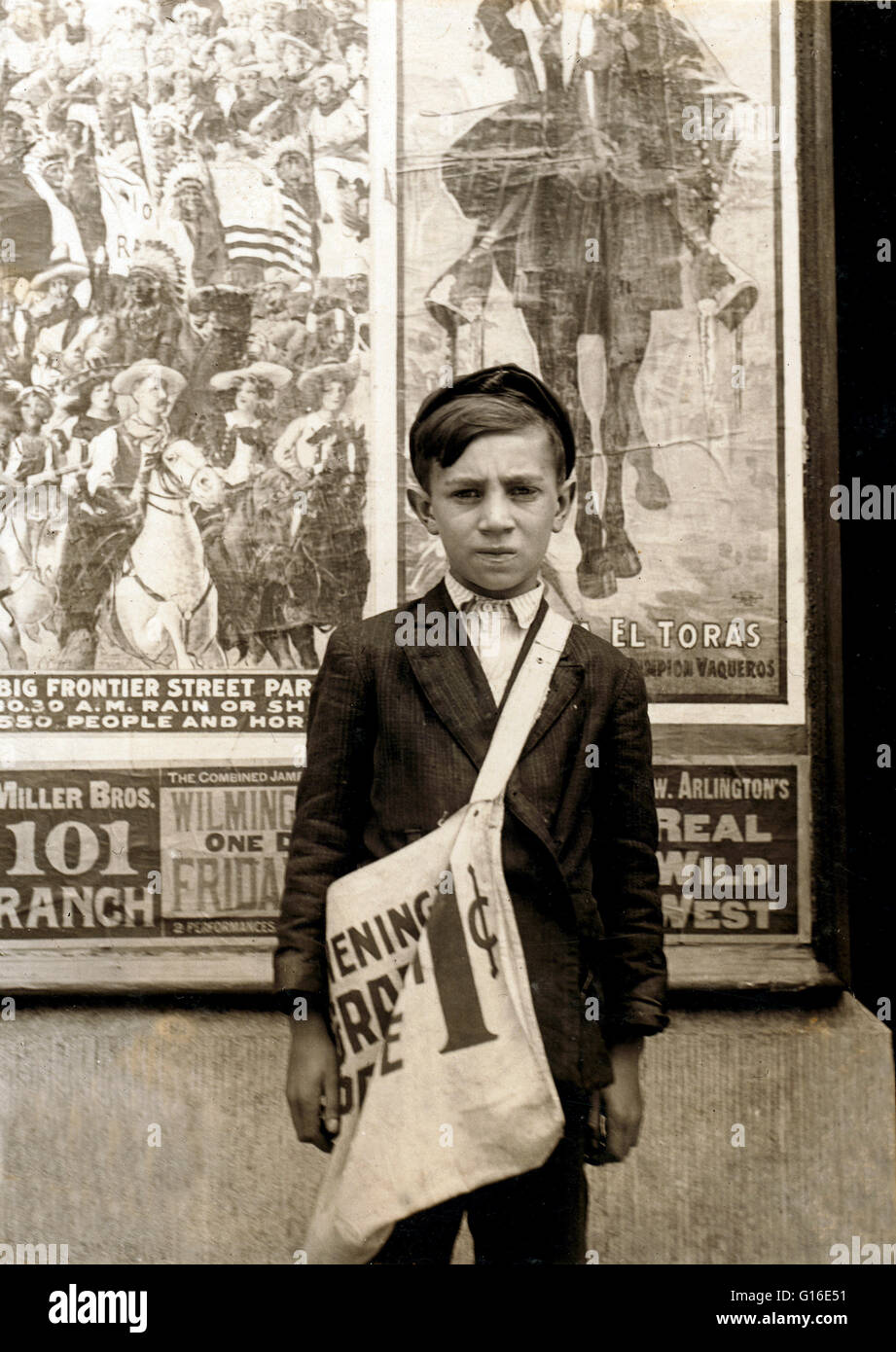 Entitled: 'S. Russell, 33 East 22nd Street. Newsboy, 12 years of age. Selling newspapers 2 years. Average earnings 20 cents daily. Selling newspapers own choice. Father earns $18 weekly. Boy deposits earnings in du Pont Savings Bank, and on Saturday night Stock Photo
