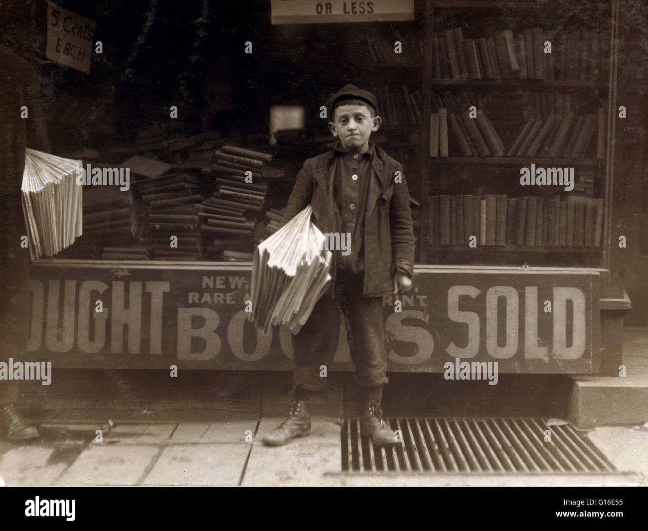 Entitled: '12 year old newsboy, Hyman Alpert, been selling three years. Spends evenings in Boys Club. Location: New Haven, Connecticut. March 1909.' The position of paperboy occupies a prominent place in many countries, including the United States, Canada Stock Photo