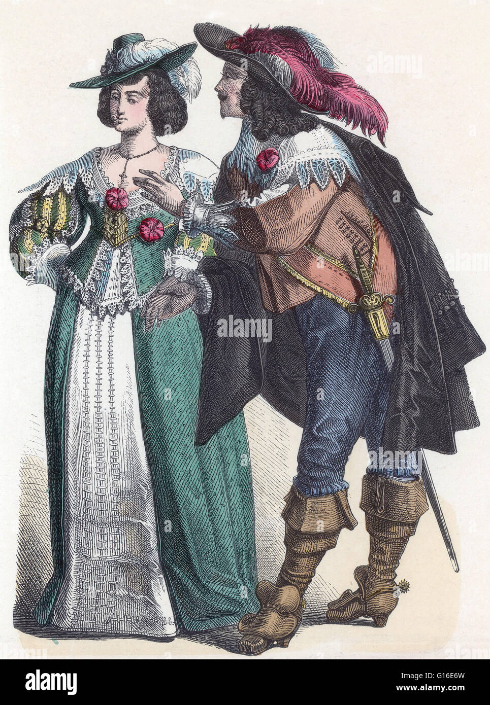 Entitled: 'German nobility of the Baroque period.' Fashion in the period 1600-50 in Western European clothing is characterized by the disappearance of the ruff in favor of broad lace or linen collars. Waistlines rose through the period for both men and wo Stock Photo