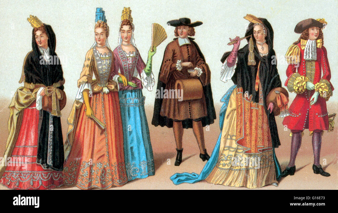 Entitled: 'Costumes French men and women 1690's.' Fashion is a distinctive and often habitual trend in the style in which a person dresses. It is the prevailing styles in behavior and the newest creations of textile designers. Prior to the mid-19th centur Stock Photo