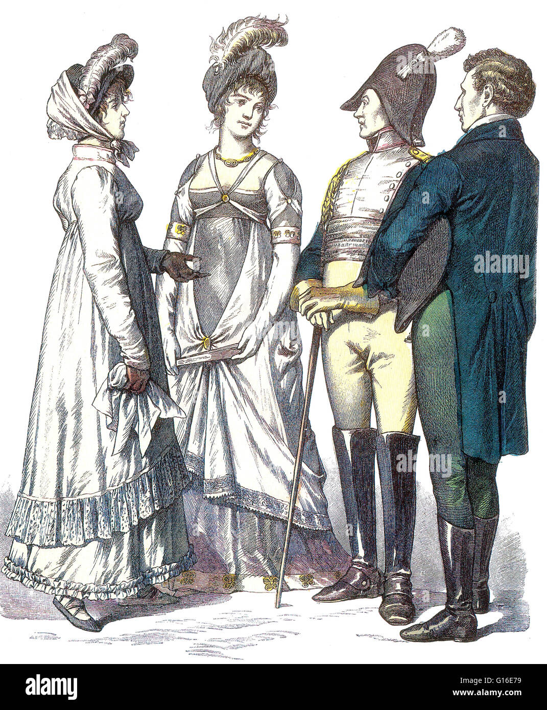 Entitled: '1809-12 French and German people with traditional clothing published in Munchener Bilderbogen 1878.' Fashion is a distinctive and often habitual trend in the style in which a person dresses. It is the prevailing styles in behavior and the newes Stock Photo