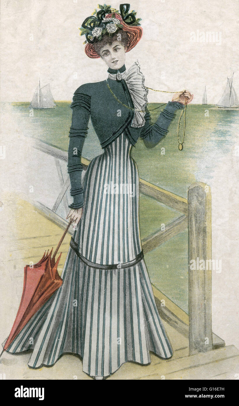 Fashion in the 1890s in European and European-influenced countries is characterized by long elegant lines, tall collars, and the rise of sportswear. It was an era of great dress reforms led by the invention of the drop-frame safety bicycle, which allowed Stock Photo
