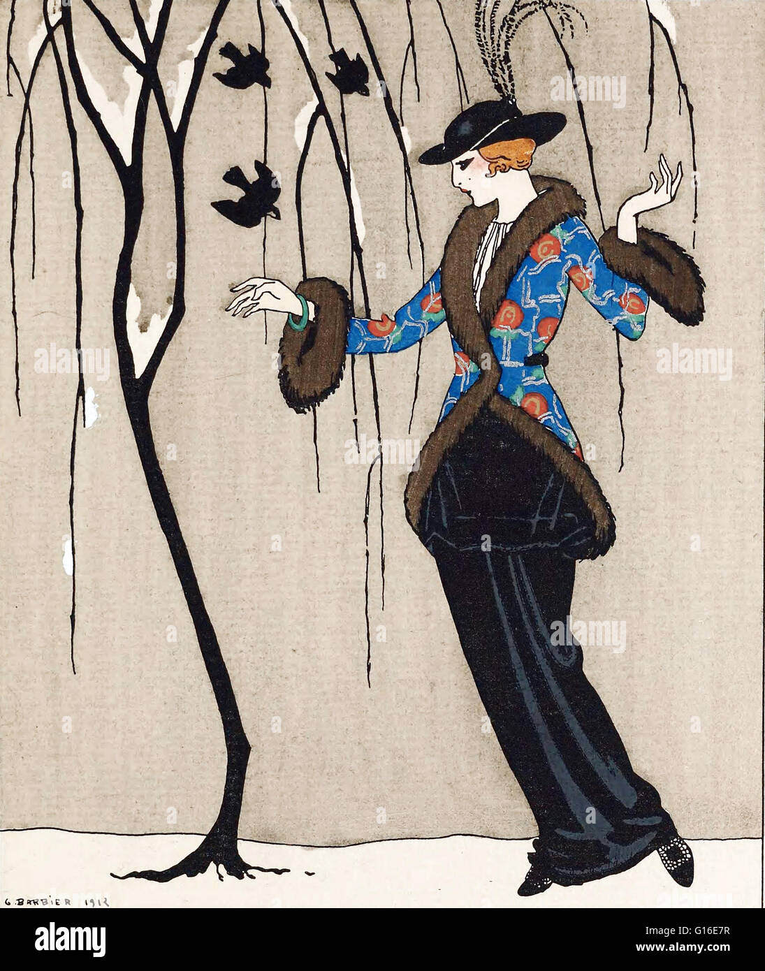 Entitled: 'Paquin dress illustration by George Barbier, 1912.' Jeanne Paquin (1869 - 1936) was a leading French fashion designer, known for her resolutely modern and innovative designs. She trained as a dressmaker at Rouff and later opened her own fashion Stock Photo