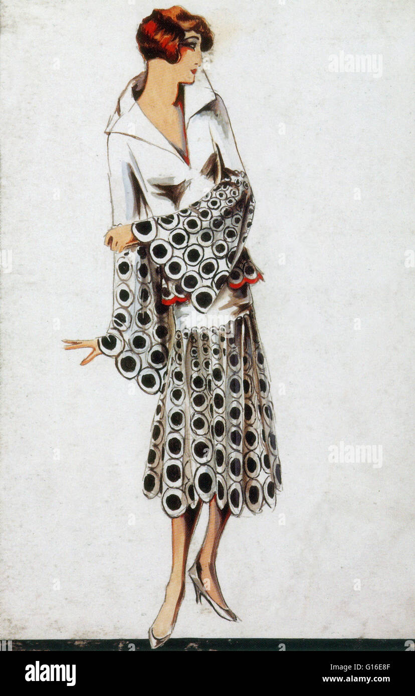Entitled: "Pierot" fashion plate dated 1925. No designer or illustrator credited. Fashion is a distinctive and often habitual trend in the style in which a person dresses. It is the prevailing styles in behavior and the newest creations of textile designe Stock Photo