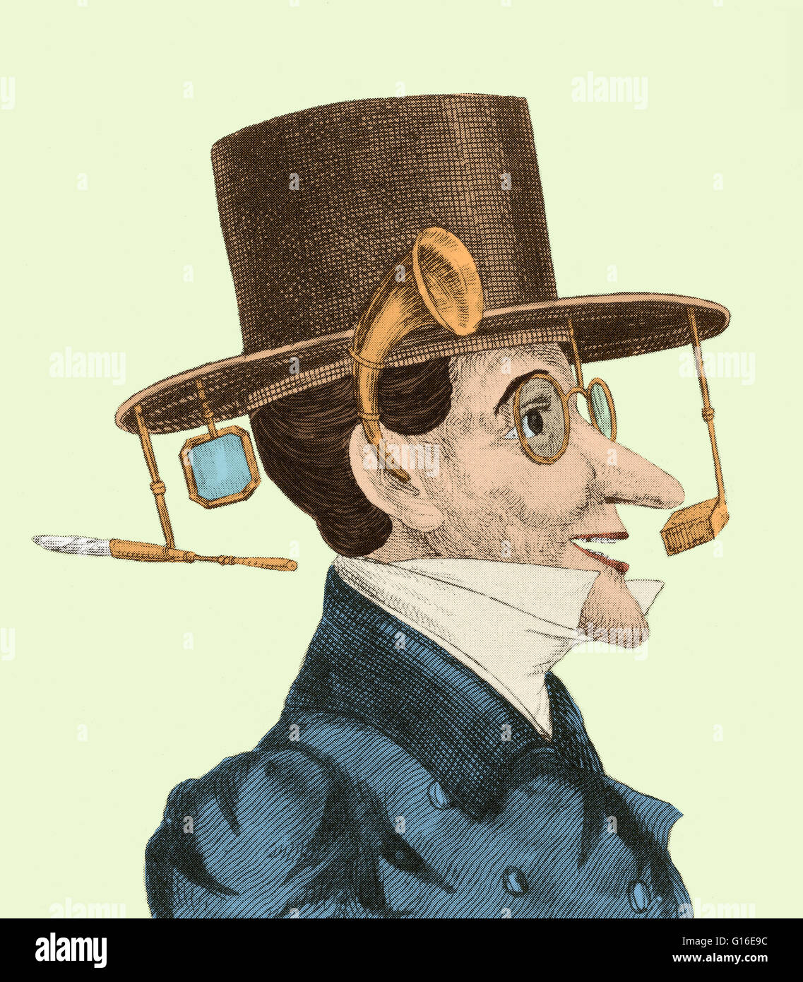 Undated hat design to keep pockets from being picked. The man has securely fastened his possessions to the brim of his hat. Upon slight pressure from the wearer, the top hat rotates and presents him with his scent box, monocle, hearing apparatus, bifocals Stock Photo