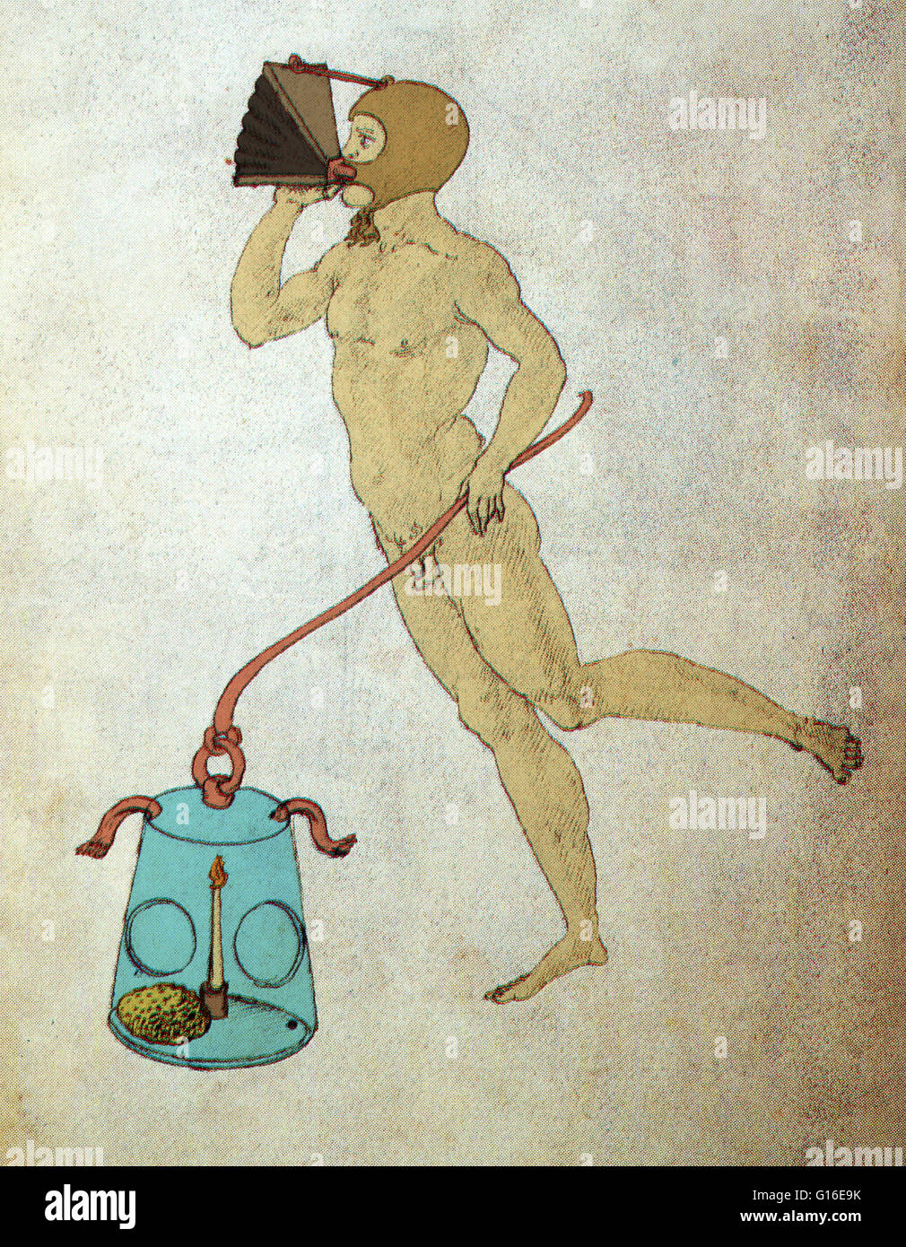 Invention designed by an anonymous Sienese engineer depicts a diver with bellows for breathing underwater and a watertight lamp. Between the Middle Ages and the Renaissance, Siena developed a series of technical specialities. Siena's artist-engineers put Stock Photo