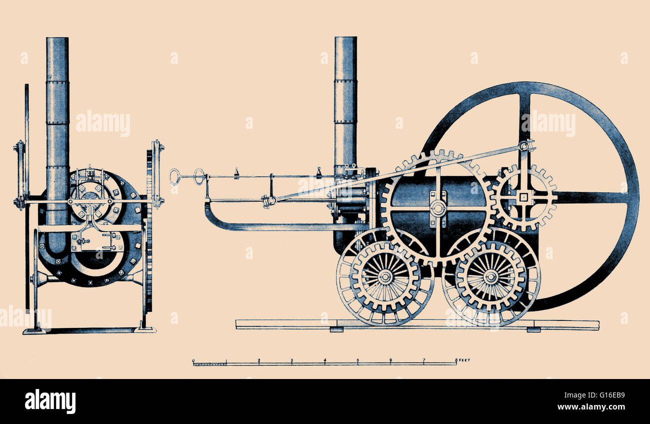 Trevithick patent(?) drawing for his Coalbrookdale Locomotive, 1802. Records of this locomotive are scarce. The design incorporated a single horizontal cylinder enclosed in a return-flue boiler. A flywheel drove the wheels on one side through spur gears, Stock Photo