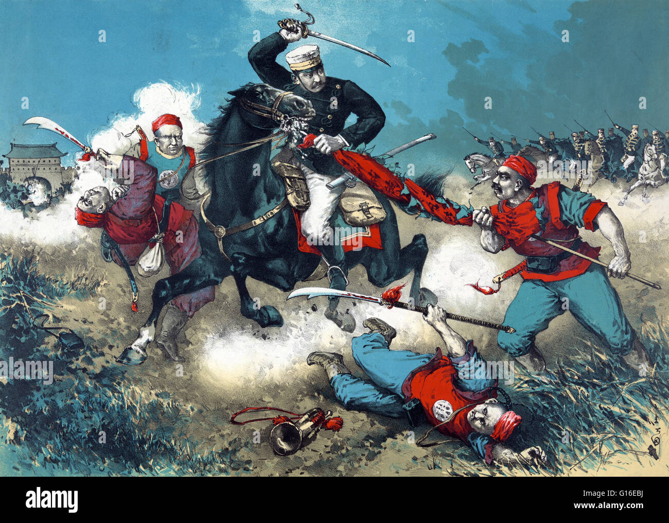 Entitled: 'The Japanese cavalry advancing through fields toward a walled city in China.' Shows a Japanese soldier on horseback engaging four Boxer troops as the cavalry crashed through a field outside a walled city in China. The Battle of Tientsin occurre Stock Photo