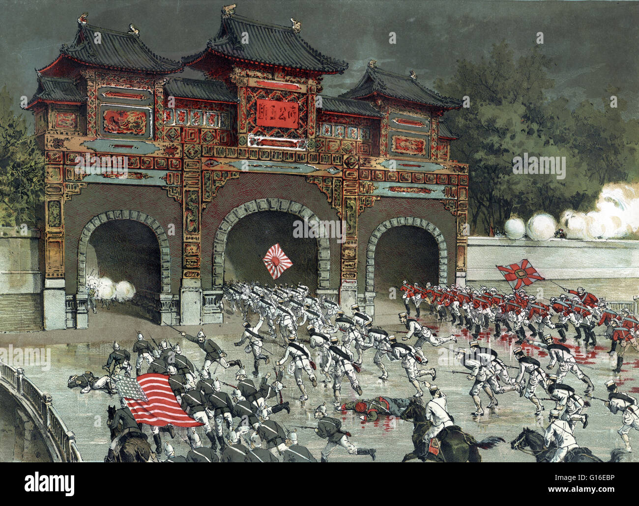 Entitled: 'The Allied Armies launch a general offensive on Pekin Castle.' Shows American, British, and Japanese troops storming Peking, August 14, 1900. In June 1900, Boxer forces and Imperial Chinese troops besieged foreign diplomats, citizens and soldie Stock Photo