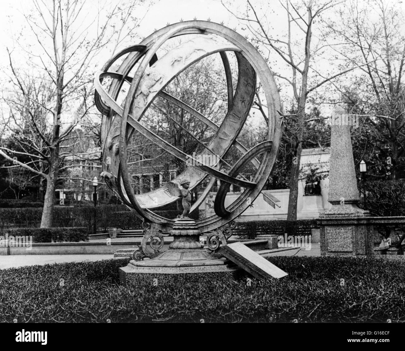 Entitled: 'Armillary sphere at exedra, Meridian Hill Park, bounded by Fifteenth, Sixteenth, Euclid & W Streets, Northwest, Washington, District of Columbia, DC.'  Meridian Hill Park is a structured urban park located in the Washington, D.C. neighborhood o Stock Photo