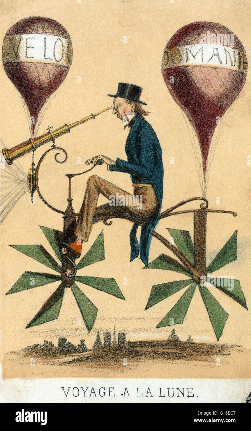 Entitled: 'Voyage a la lune (Trip to the moon).' French cartoon shows a man riding on a bicycle-like flying machine while looking through a telescope attached to the front. Two balloons, 'Veloc(ipedes)' and 'Domanie,' are attached at front and rear as are Stock Photo
