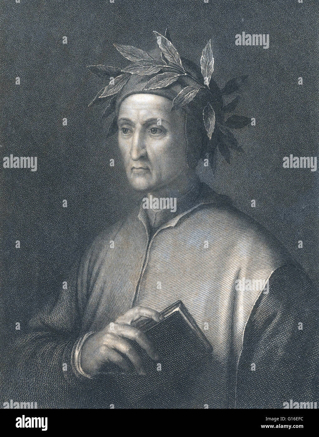 Durante degli Alighieri (1265 - 1321) was an Italian poet and moral philosopher best known for the epic poem The Divine Comedy, which comprises sections representing the three tiers of the Christian afterlife: purgatory, heaven, and hell. This poem, a gre Stock Photo