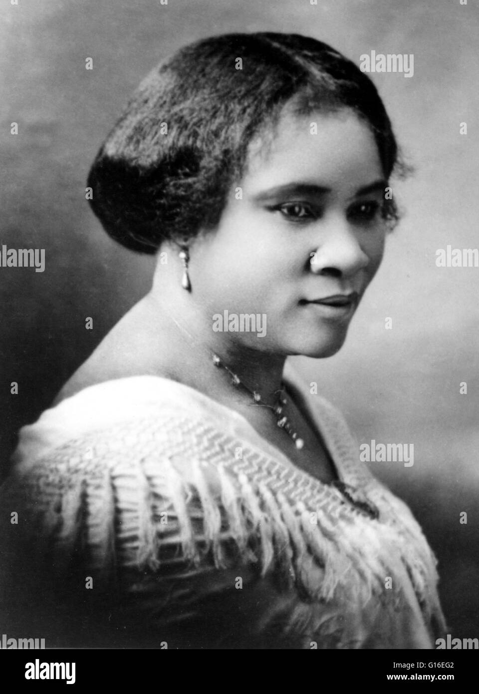 Sarah Breedlove (December 23, 1867 - May 25, 1919), known as Madam C. J. Walker, was an African-American entrepreneur and philanthropist, regarded as the first female self-made millionaire in America. During the 1890s, Walker began to suffer from a scalp Stock Photo