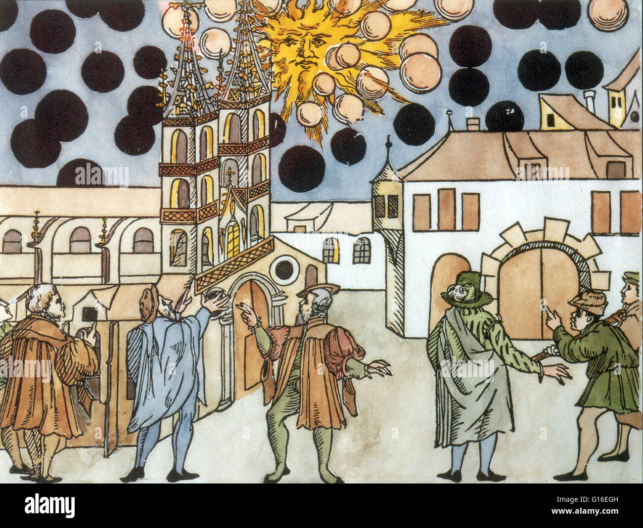 Woodprint by Samuel Coccius on the 1561 celestial phenomenon over Nuremberg. At sunrise on the April 14, 1561, the citizens of Nuremberg beheld "A very ...