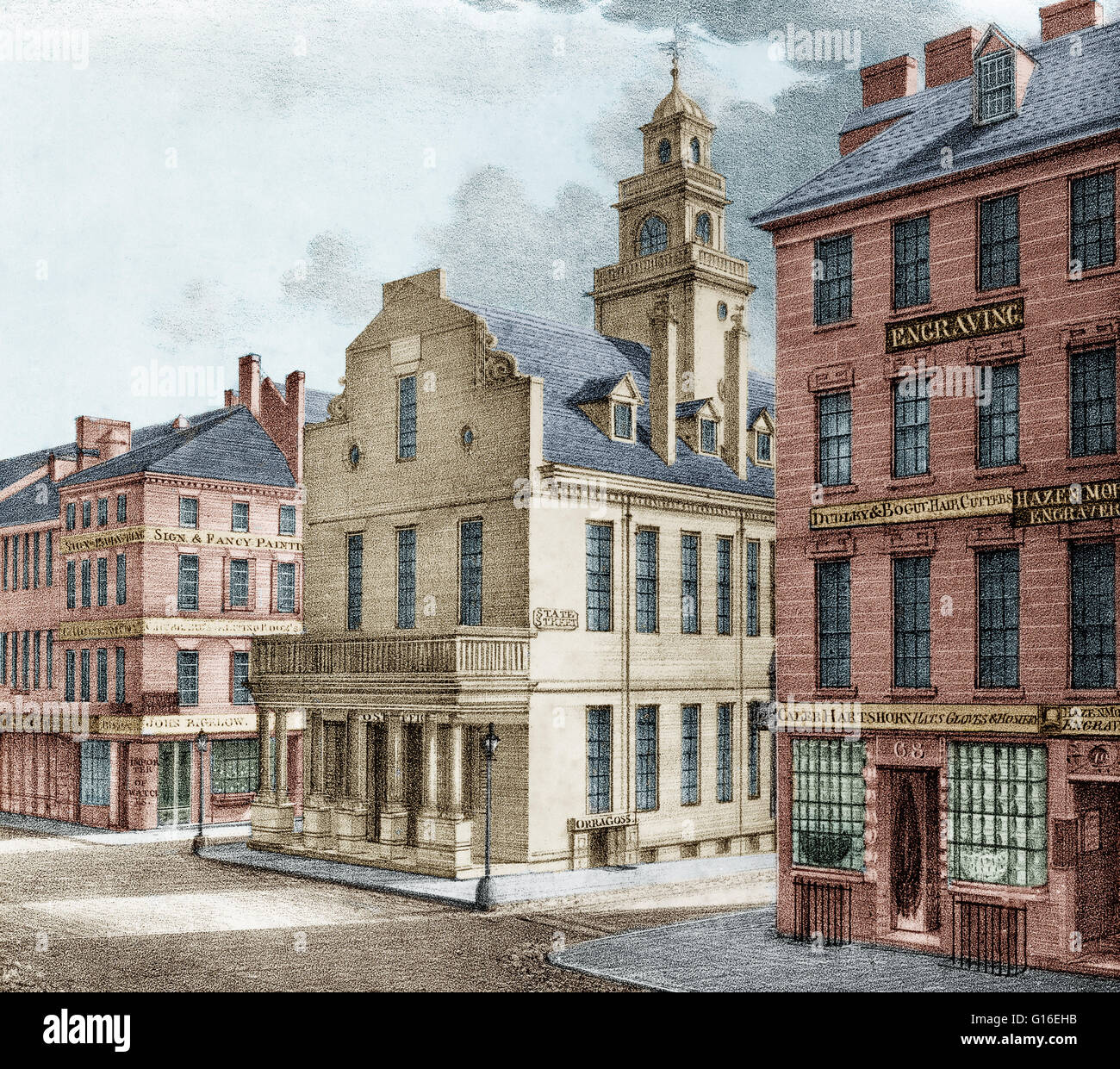 View of the Post Office and City Hall seen from the southwest on Washington Street, Boston, Massachusetts. Mid-19th century lithograph by Pendleton, after William Morris Hunt. This image has been color enhanced. Stock Photo