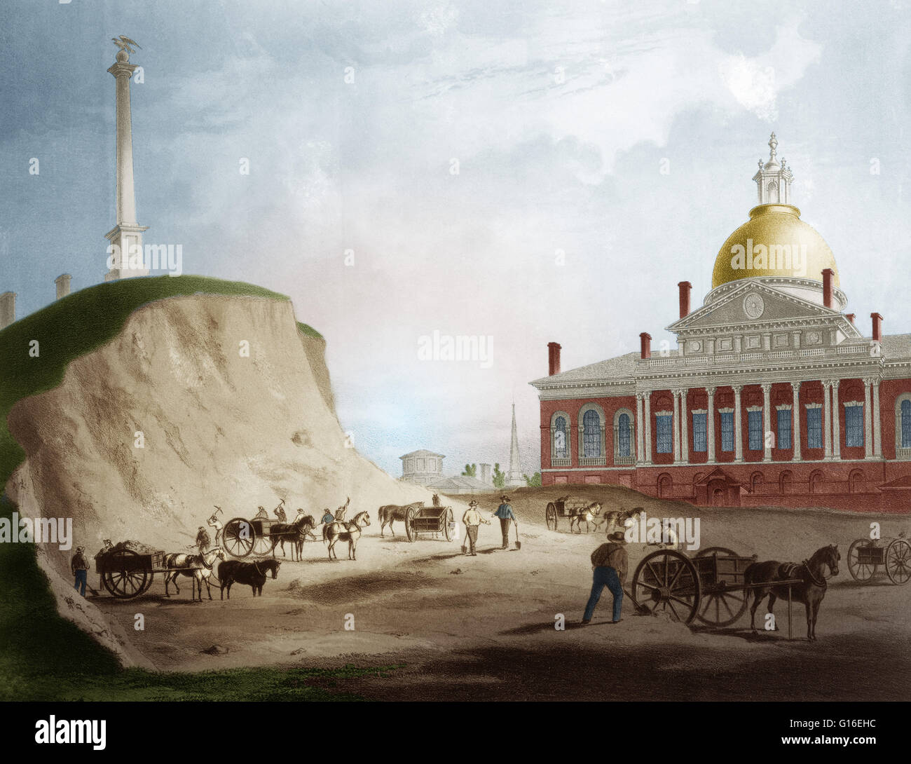 Workers leveling Beacon Hill, Boston, in 1811; a view from the north towards the Massachusetts State House. Lithograph by  J.H. Bufford, 1858; after a drawing by J.R. Smith of 1811-12. This image has been color enhanced. Stock Photo