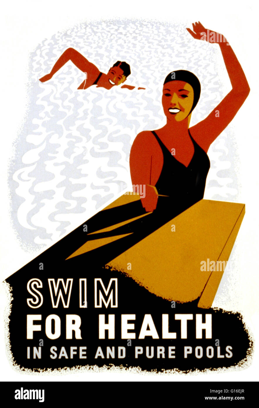 Entitled: "Swim for health in safe and pure pools". Poster for Cleveland Division of Health promoting swimming as healthy exercise, showing a man and a woman in a swimming pool. The Federal Art Project (FAP) was the visual arts arm of the Great Depression Stock Photo