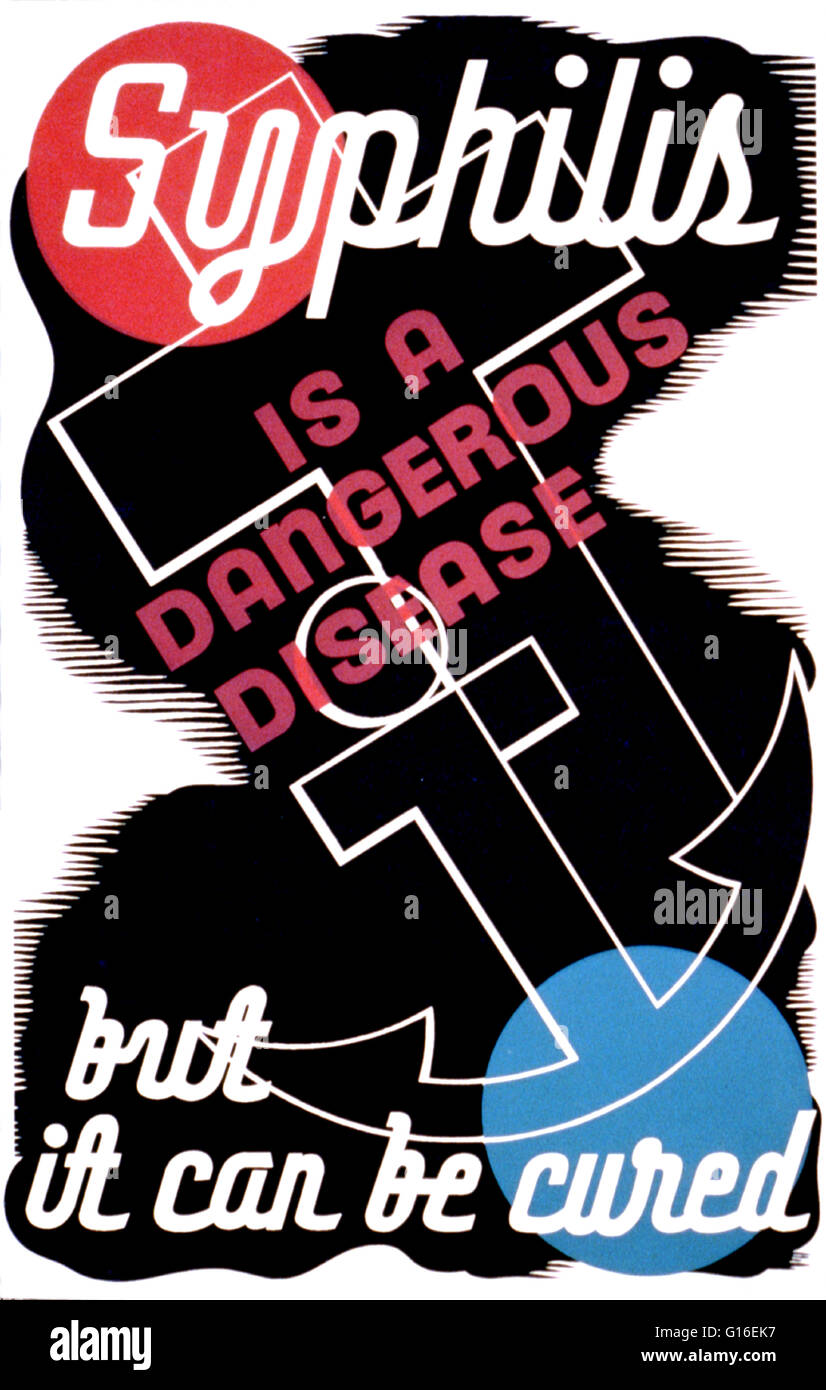Entitled: 'Syphilis is a dangerous disease, but it can be cured'. Poster for treatment of syphilis, showing an anchor and a cross. The Federal Art Project (FAP) was the visual arts arm of the Great Depression era New Deal Works Progress Administration Fed Stock Photo