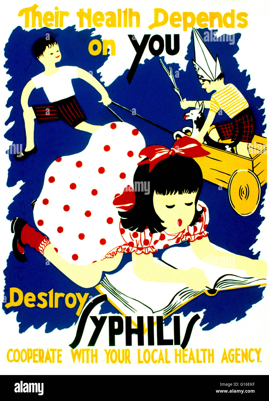 Entitled: "Their health depends on you. Destroy syphilis". Poster promoting eradication of syphilis, showing children playing and reading. The Federal Art Project (FAP) was the visual arts arm of the Great Depression era New Deal Works Progress Administra Stock Photo