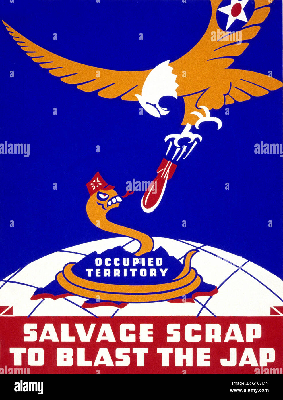 Entitled: 'Salvage scrap to blast the jap'. Poster for Thirteenth Naval District, United States Navy, showing a snake representing Japan being bombed by an eagle. The Federal Art Project (FAP) was the visual arts arm of the Great Depression era New Deal W Stock Photo