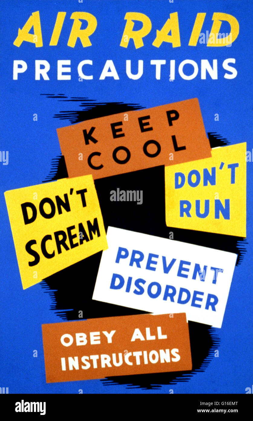 Entitled: 'Air raid precautions. Keep cool, don't scream, don't run, prevent disorder, obey all instructions'. Poster offering instructions for proper procedures during air raids. The Federal Art Project (FAP) was the visual arts arm of the Great Depressi Stock Photo