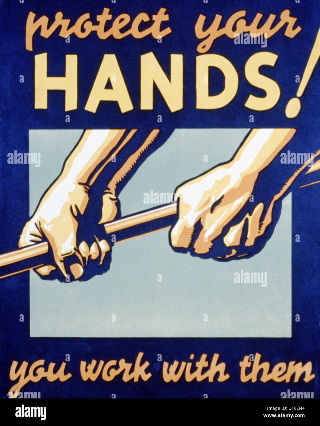 Entitled: 'Protect your hands! You work with them'. Poster promoting safety in the workplace, showing hands grasping a rod. The Federal Art Project (FAP) was the visual arts arm of the Great Depression era New Deal Works Progress Administration Federal Pr Stock Photo