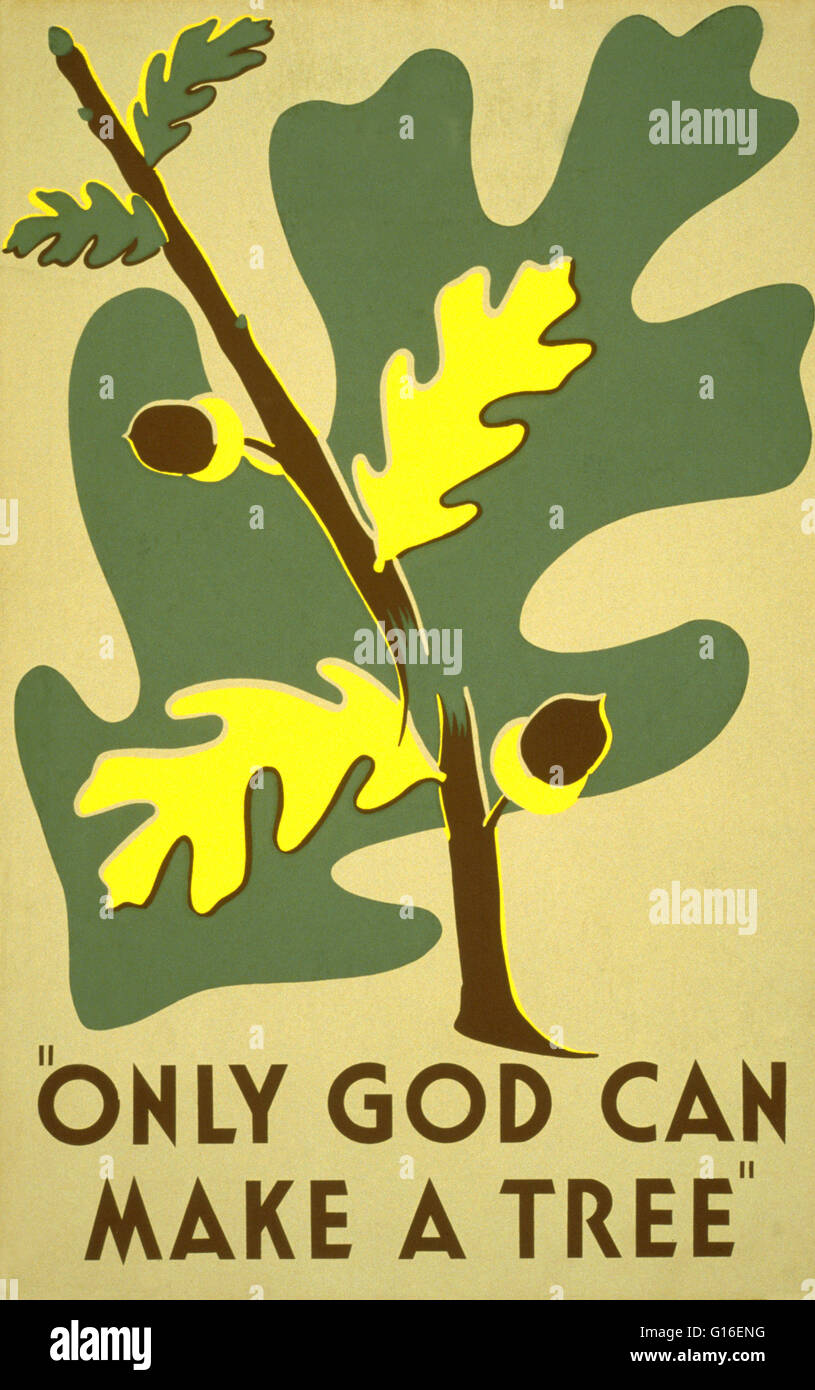 Entitled: 'Only God can make a tree'. Poster promoting conservation of trees as a natural resource. The Federal Art Project (FAP) was the visual arts arm of the Great Depression era New Deal Works Progress Administration Federal Project Number One program Stock Photo