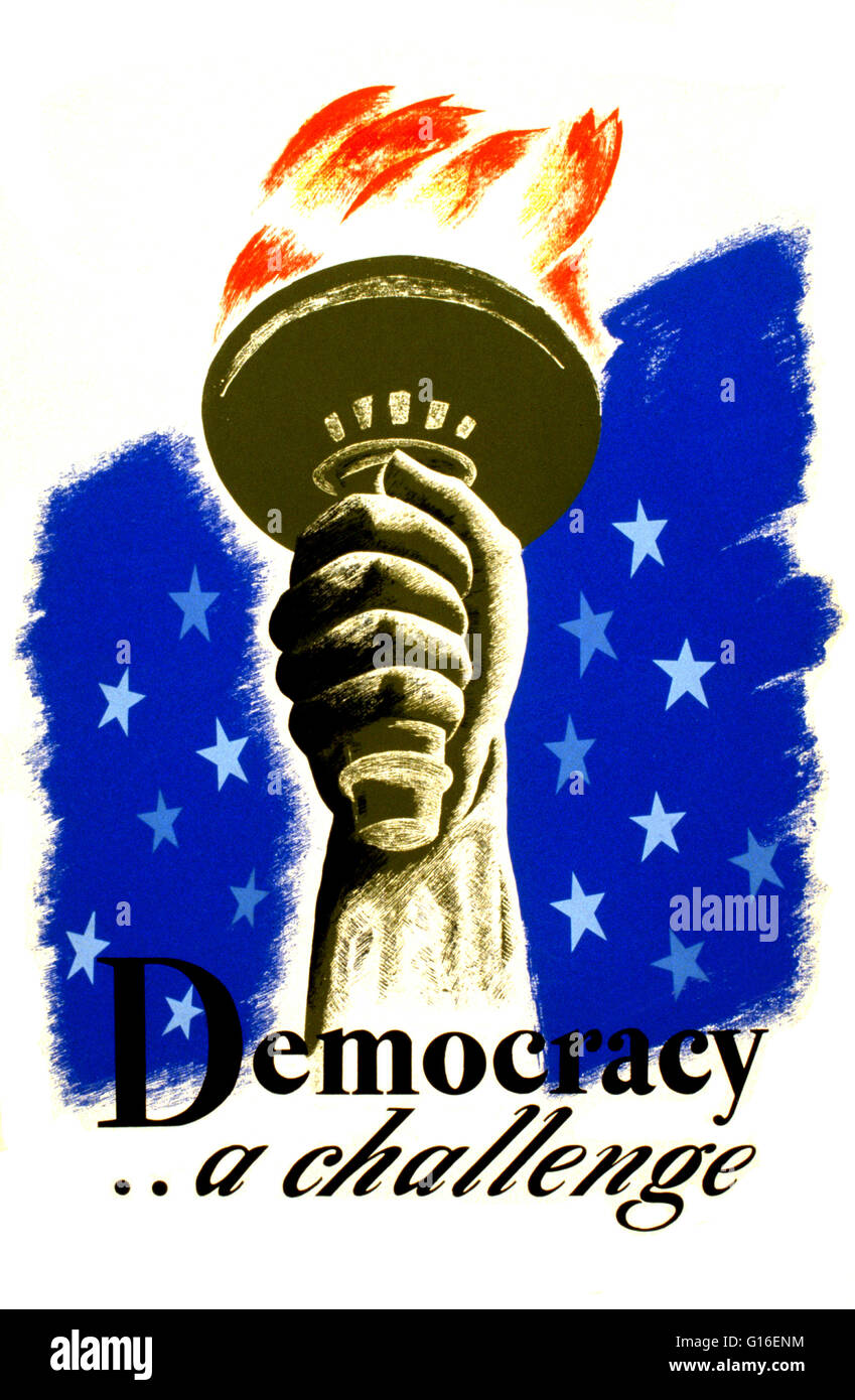 Entitled "Democracy a challenge". Poster for democracy showing the