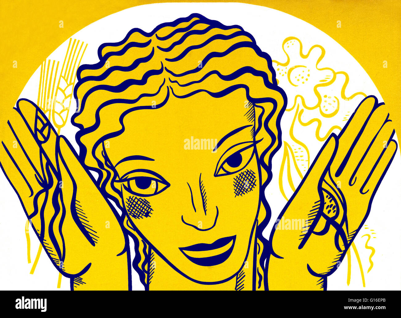 WPA poster design on yellow background showing the head and hands of a woman holding flowers and wheat. The Federal Art Project (FAP) was the visual arts arm of the Great Depression era New Deal Works Progress Administration Federal Project Number One pro Stock Photo