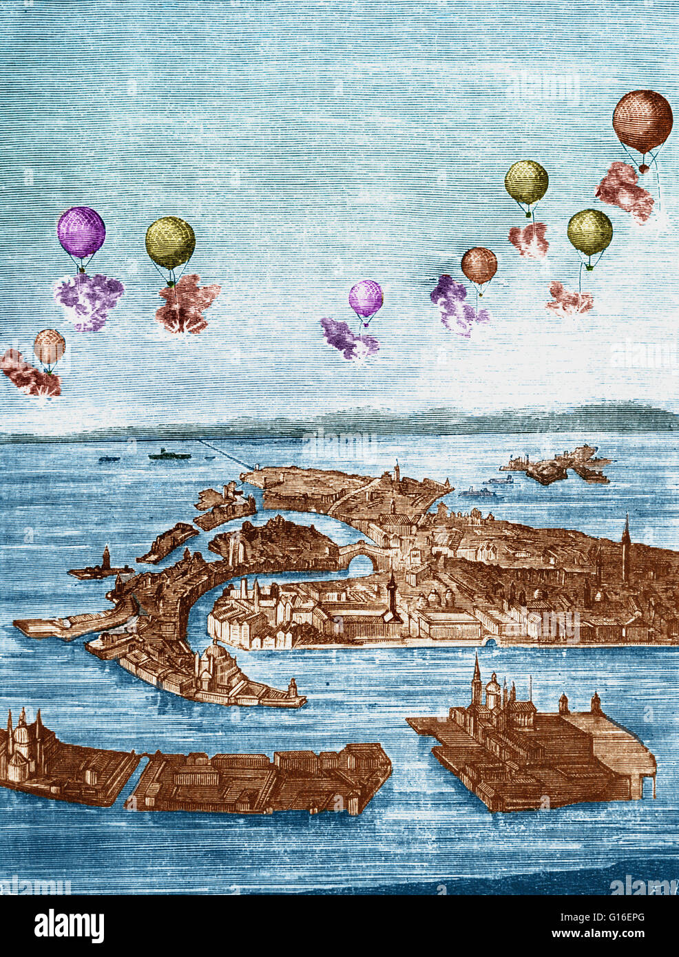 Colorized artwork of aerial combat as envisioned in a French periodical, 1850. In the 19th century, the military used balloons for three purposes. One was for aerial bombing of military targets. The second was for aerial reconnaissance by captive balloons Stock Photo