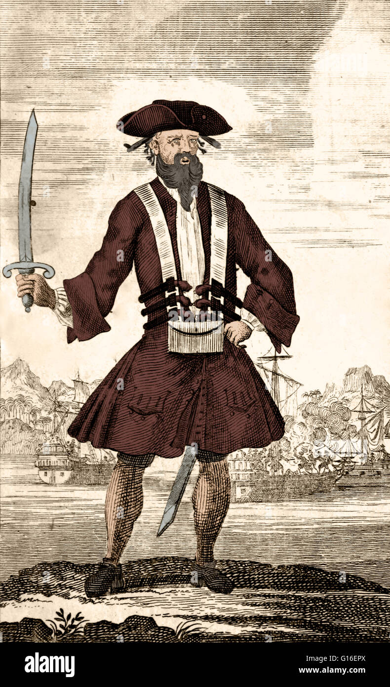 Color enhanced engraving of Blackbeard from 'A General History of the Robberies and Murders of the most notorious Pirates', 1736 edition. Edward Teach (1680 - November 22, 1718), better known as Blackbeard, was a notorious English pirate who operated arou Stock Photo